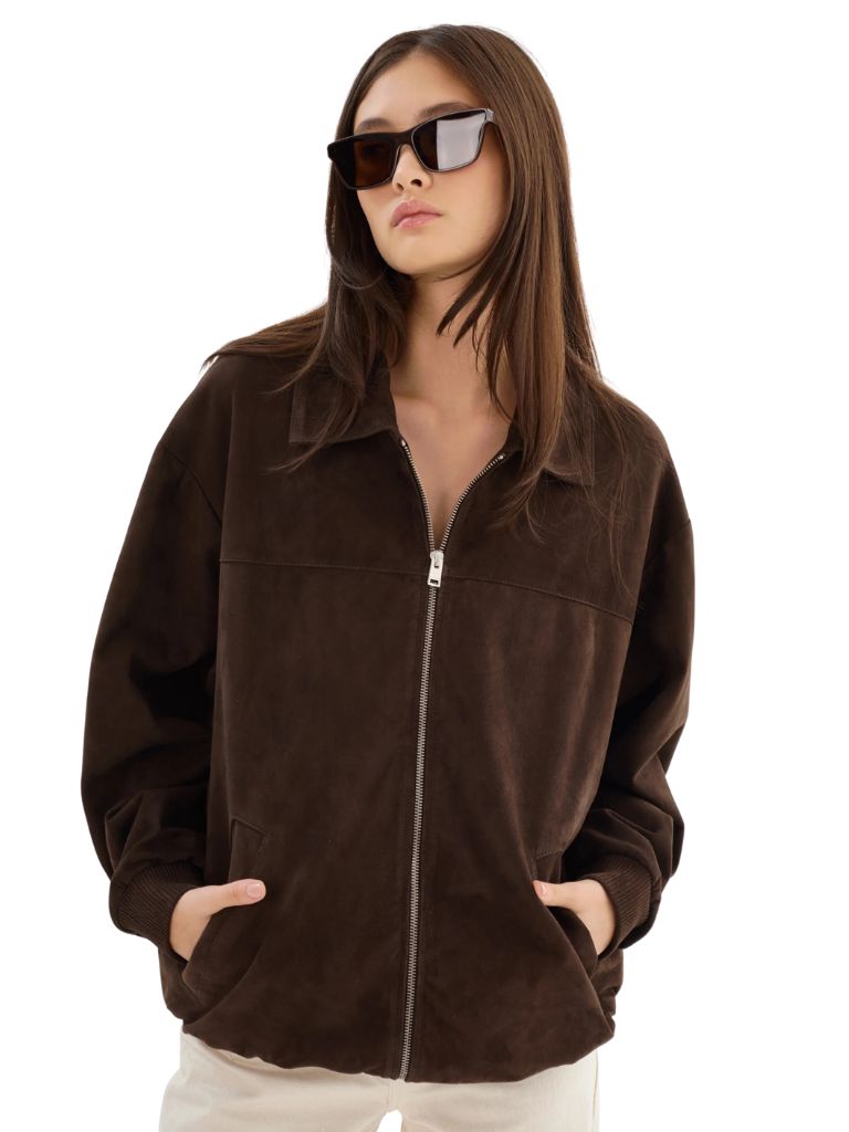 Lamarque Caden Oversized Suede Bomber Jacket- Chocolate Brown - Styleartist