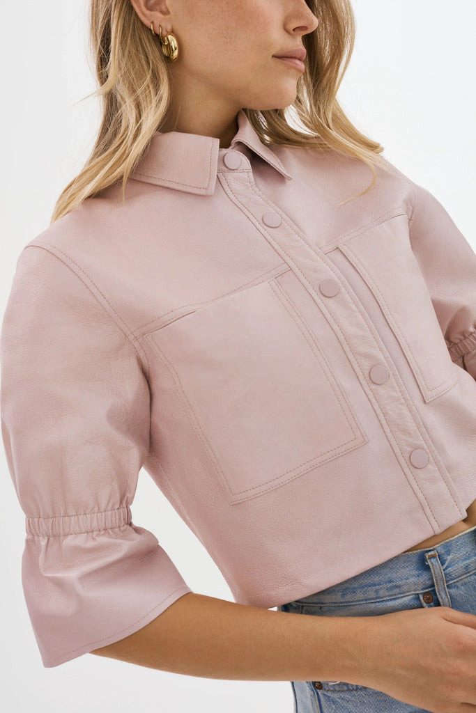 Lamarque Carolina Leather Ruffle Sleeve Jacket- Rose - Styleartist