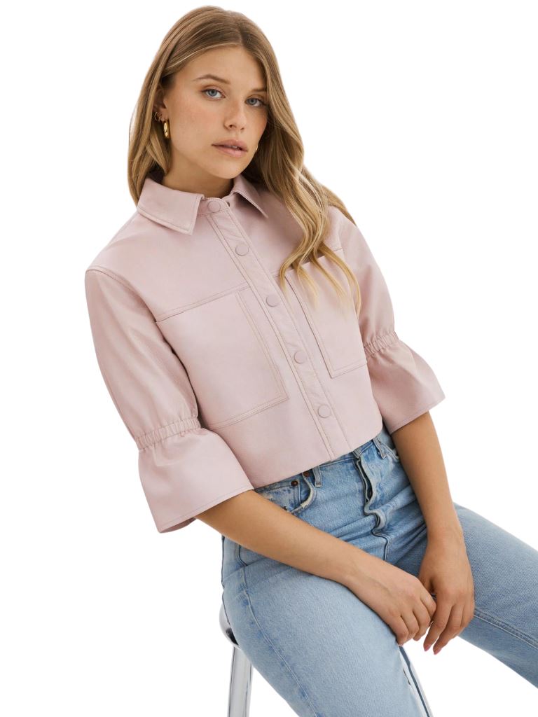 Lamarque Carolina Leather Ruffle Sleeve Jacket- Rose - Styleartist