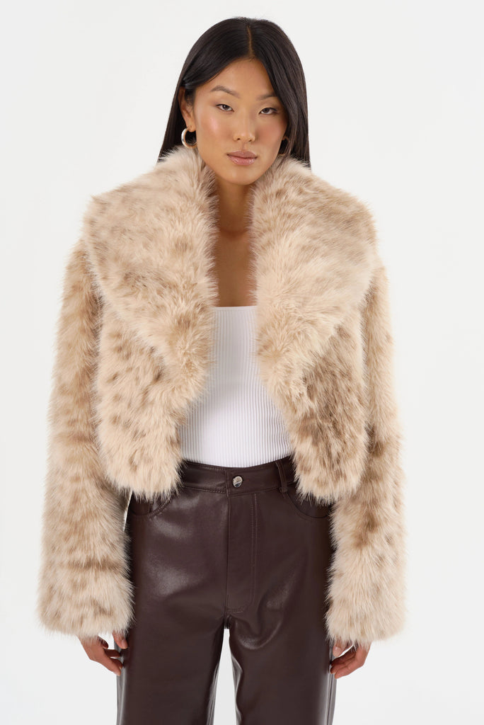 Lamarque Danika Leopard-Printed Faux Fur Cropped Coat - Beige Leopard - Styleartist