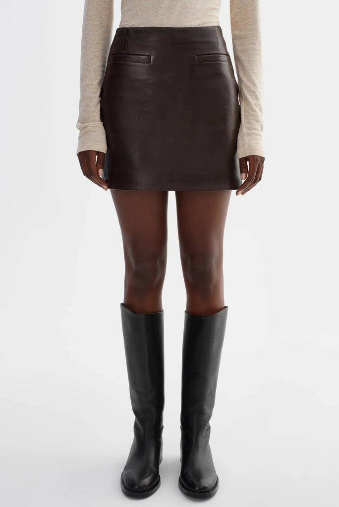 Lamarque Rowan Leather Mini Skirt- Dark Brown - Styleartist