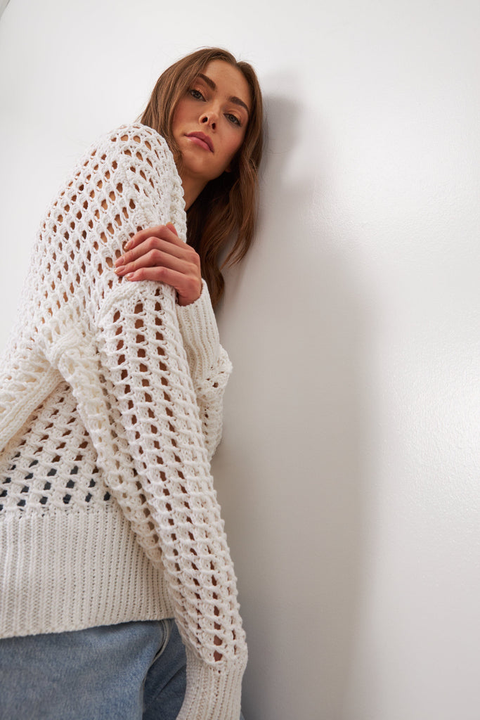 Line Addie Crochet Knit V-Neck Cotton Sweater- Coconut - Styleartist