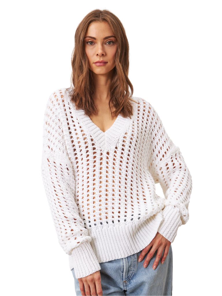 Line Addie Crochet Knit V-Neck Cotton Sweater- Coconut - Styleartist