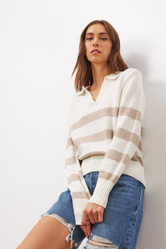 Line Ayden Polo Collar Striped Sweater- Iced Mocha - Styleartist