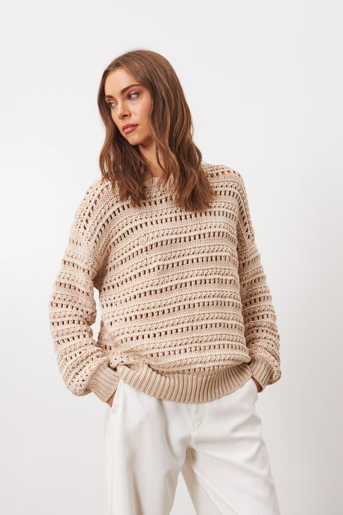Line Fern Crew Neck Cotton Sweater- Ecru Playa - Styleartist