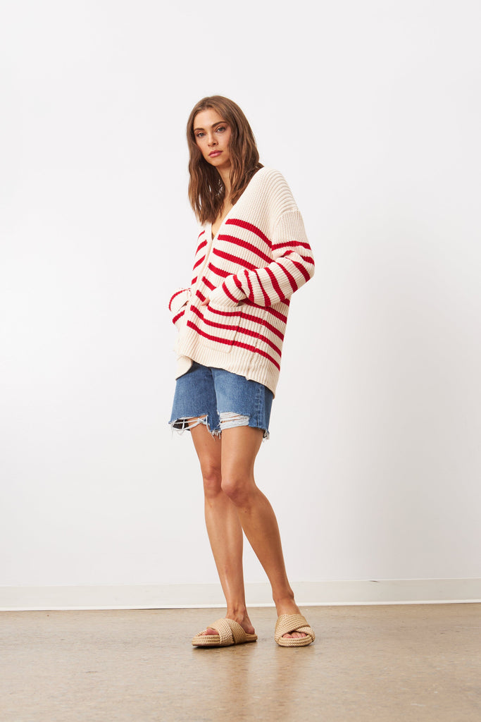 Line Livy Striped Cotton Cardigan- Riveria Rouge - Styleartist