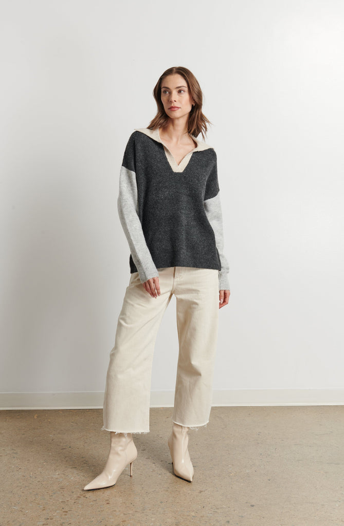 Line Raelyn Polo Collar Colour-Block Sweater- Looming Frost - Styleartist