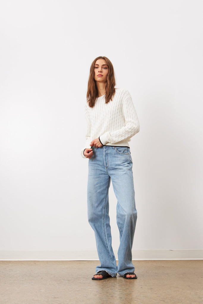 Line Tess Crew Neck Cable Knit Sweater- Linen - Styleartist