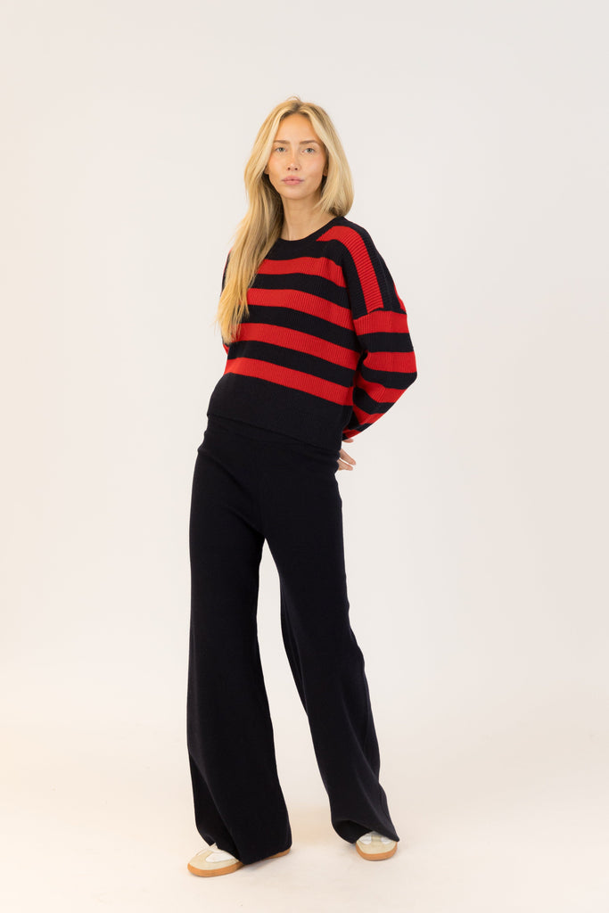 Lyla + Luxe Bobby Crewneck Pullover Ribbed Sweater- Red/Navy - Styleartist