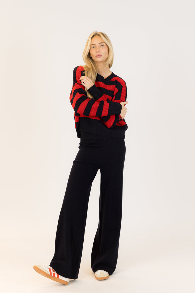 Lyla + Luxe Bobby Crewneck Pullover Ribbed Sweater- Red/Navy - Styleartist
