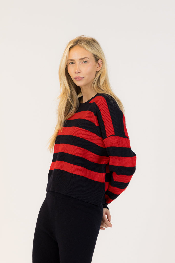 Lyla + Luxe Bobby Crewneck Pullover Ribbed Sweater- Red/Navy - Styleartist