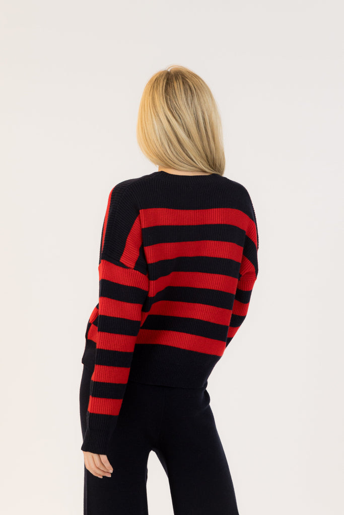 Lyla + Luxe Bobby Crewneck Pullover Ribbed Sweater- Red/Navy - Styleartist