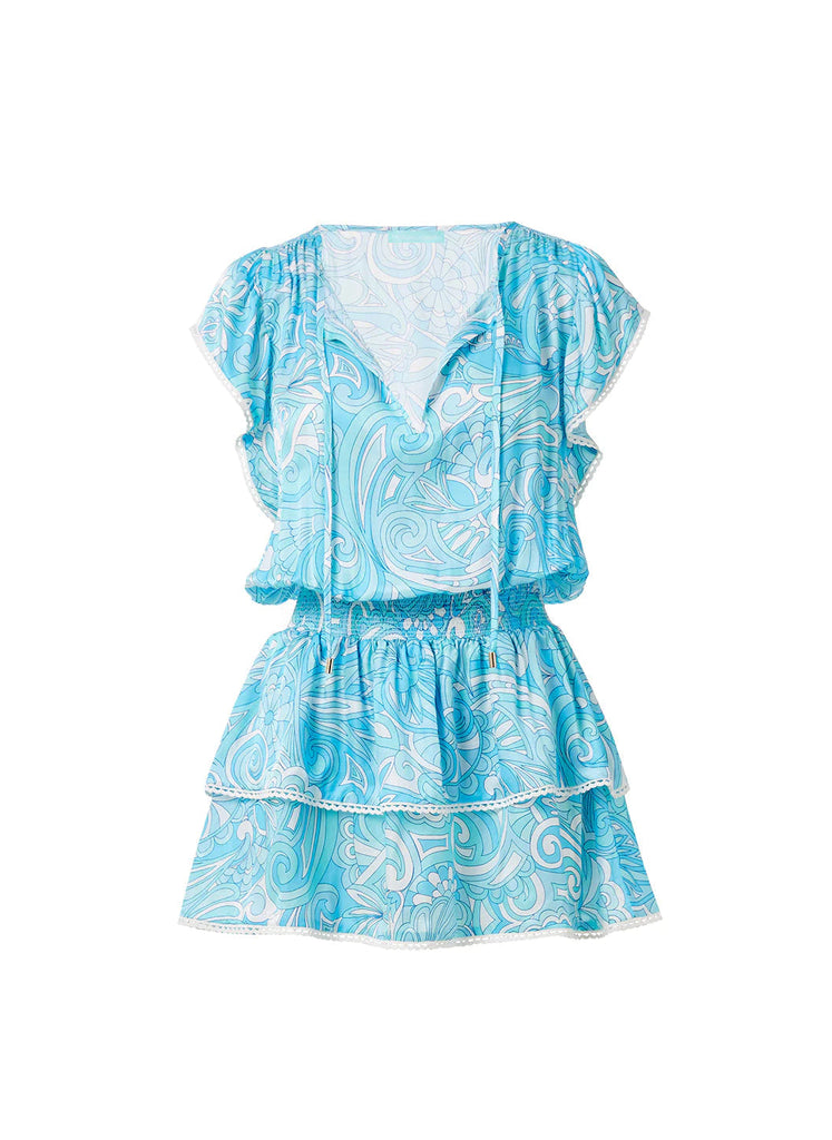 Melissa Odabash Keri tiered Skirt Short Dress- Blue Mirage Print - Styleartist