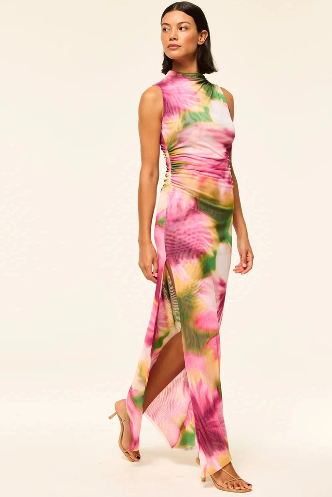 Misa Athena Maxi Printed Dress- Blurred Hibiscus Mesh - Styleartist
