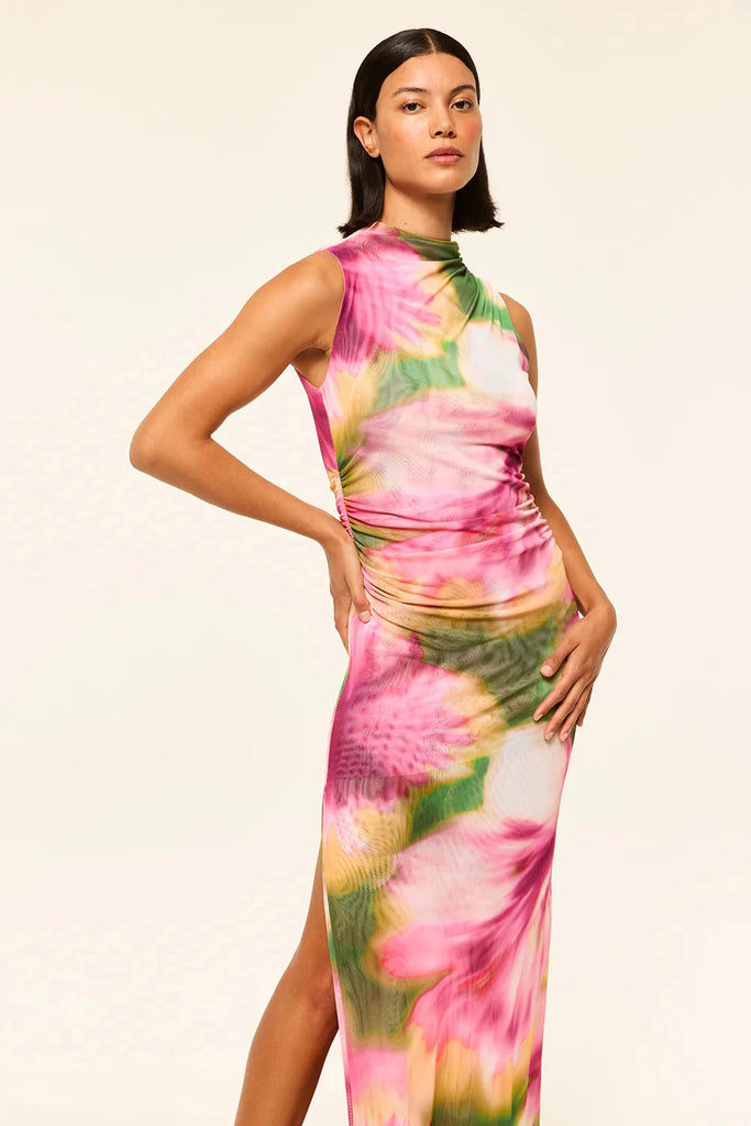 Misa Athena Maxi Printed Dress- Blurred Hibiscus Mesh - Styleartist
