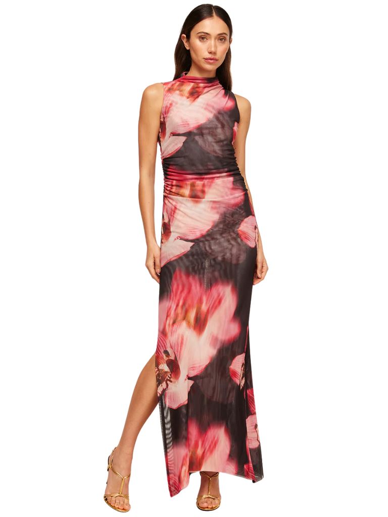 Misa Athena Printed Mesh Maxi Dress - Midnight Orchid Mesh - Styleartist