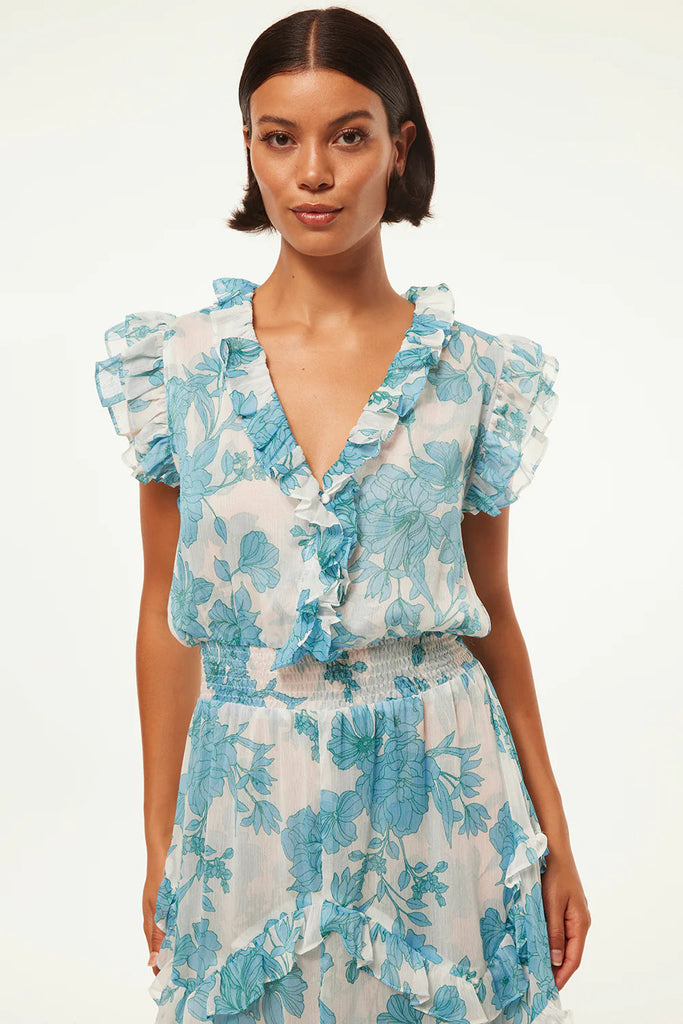 Misa Dakota Chiffon Mid-Length Dress- Turquoise Flora - Styleartist