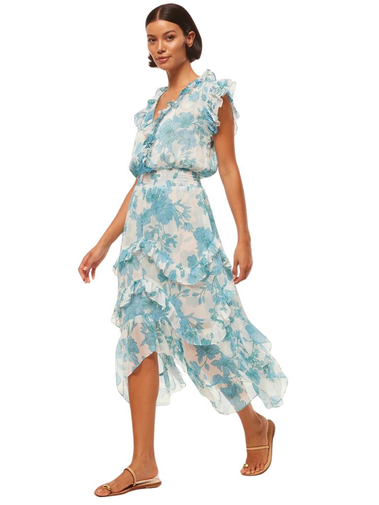 Misa Dakota Chiffon Mid-Length Dress- Turquoise Flora - Styleartist