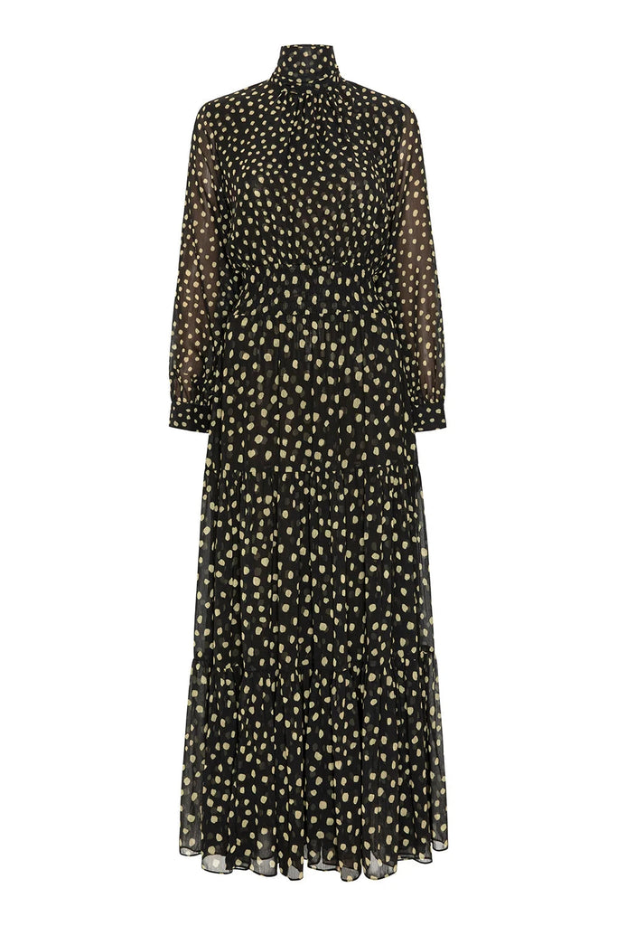 Misa Daphne Chiffon Long Dress- Golden Polka Dot Mix - Styleartist