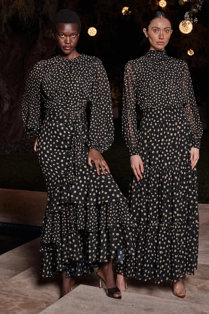 Misa Daphne Chiffon Long Dress- Golden Polka Dot Mix - Styleartist