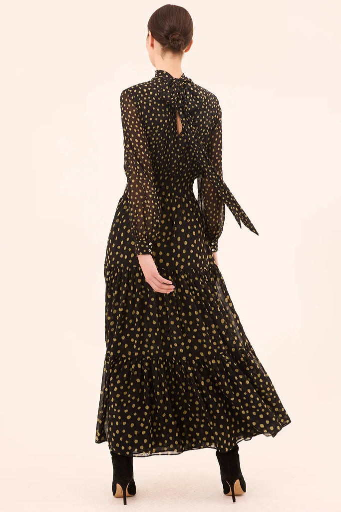 Misa Daphne Chiffon Long Dress- Golden Polka Dot Mix - Styleartist