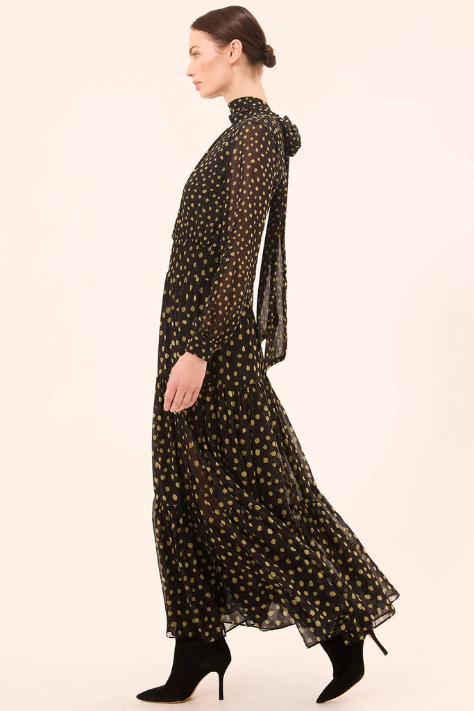 Misa Daphne Chiffon Long Dress- Golden Polka Dot Mix - Styleartist