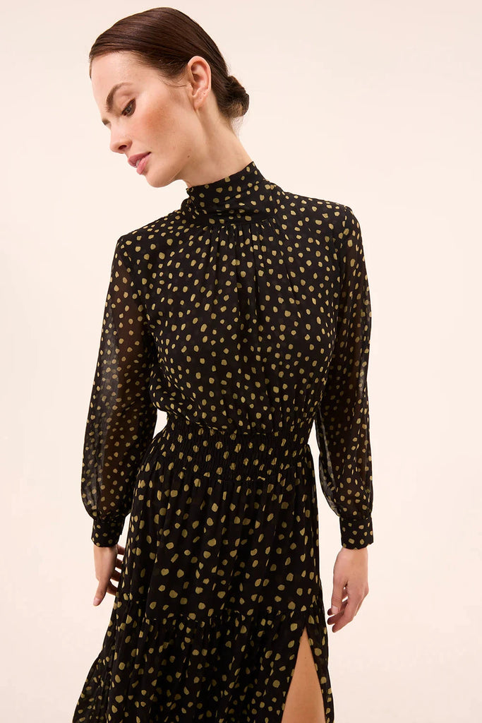 Misa Daphne Chiffon Long Dress- Golden Polka Dot Mix - Styleartist