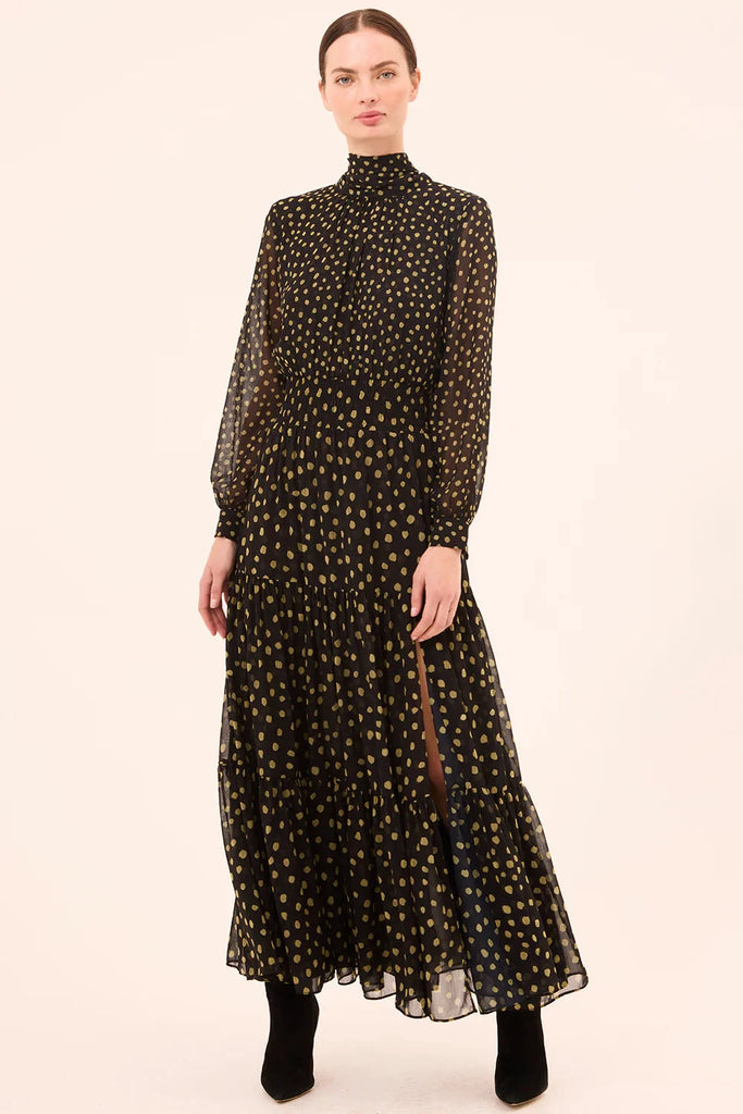 Misa Daphne Chiffon Long Dress- Golden Polka Dot Mix - Styleartist