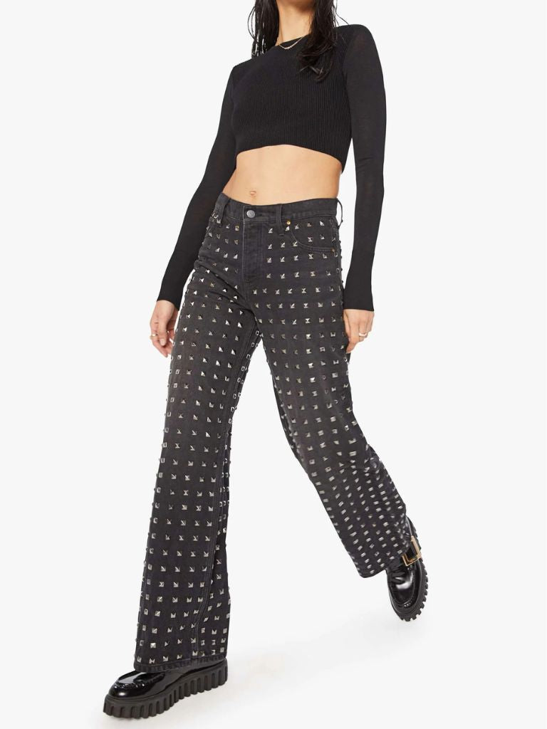 Mother Denim The Smoothie Sneak Wide Leg Jeans With Studs- Nails For Dinner - Styleartist
