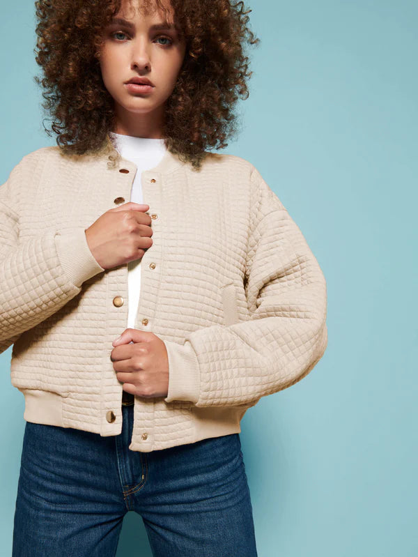 Nation Logan Oversized Quilted Bomber Jacket- White Chocolate - Styleartist