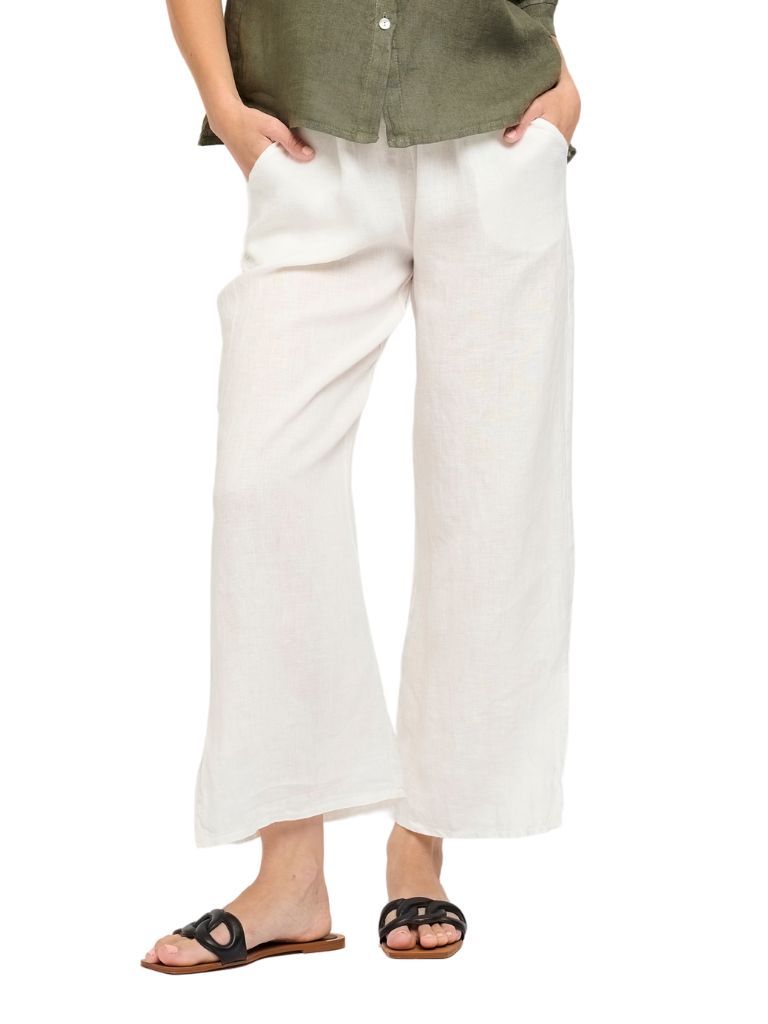 Pistache Cropped Linen Pant with Side Slits - White - Styleartist