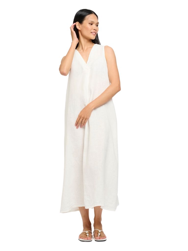 Pistache Front Pleat Long Linen Dress- White - Styleartist