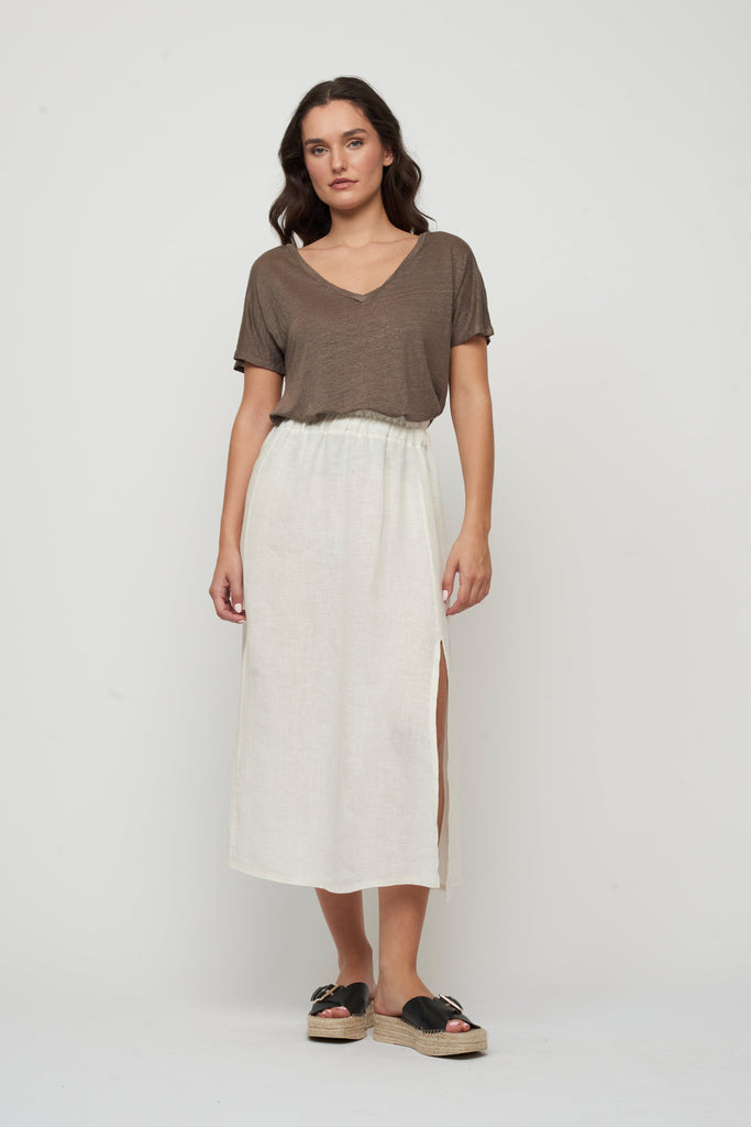 Pistache Linen Mid- Length Skirt- Ecru - Styleartist