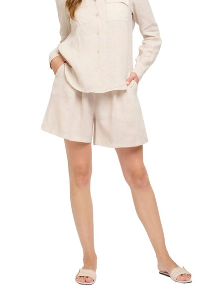Pistache Linen Shorts With Front Pleats- Beige