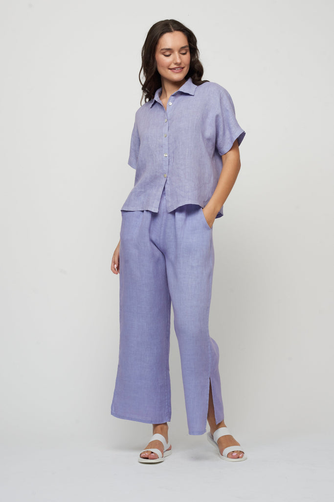 Pistache Short Sleeve Linen Blouse- Lilac - Styleartist