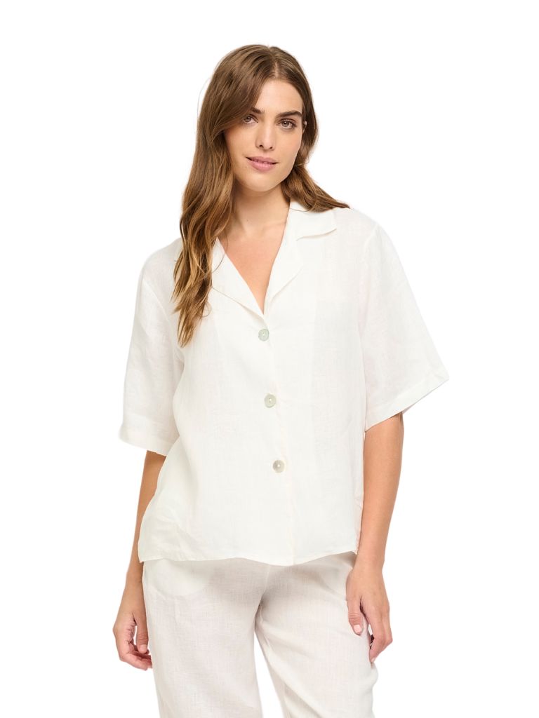 Pistache Short Sleeve Linen Blouse- White - Styleartist