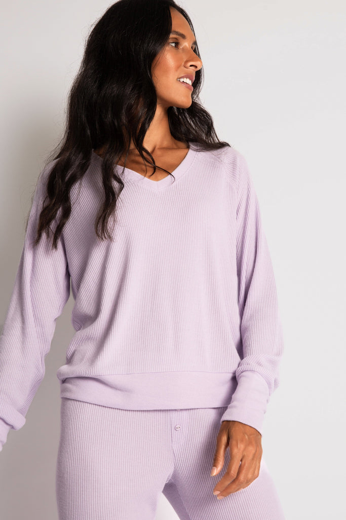 PJ Salvage Textured Essentials Long Sleeve V Neck Top- Gentle Lavender - Styleartist