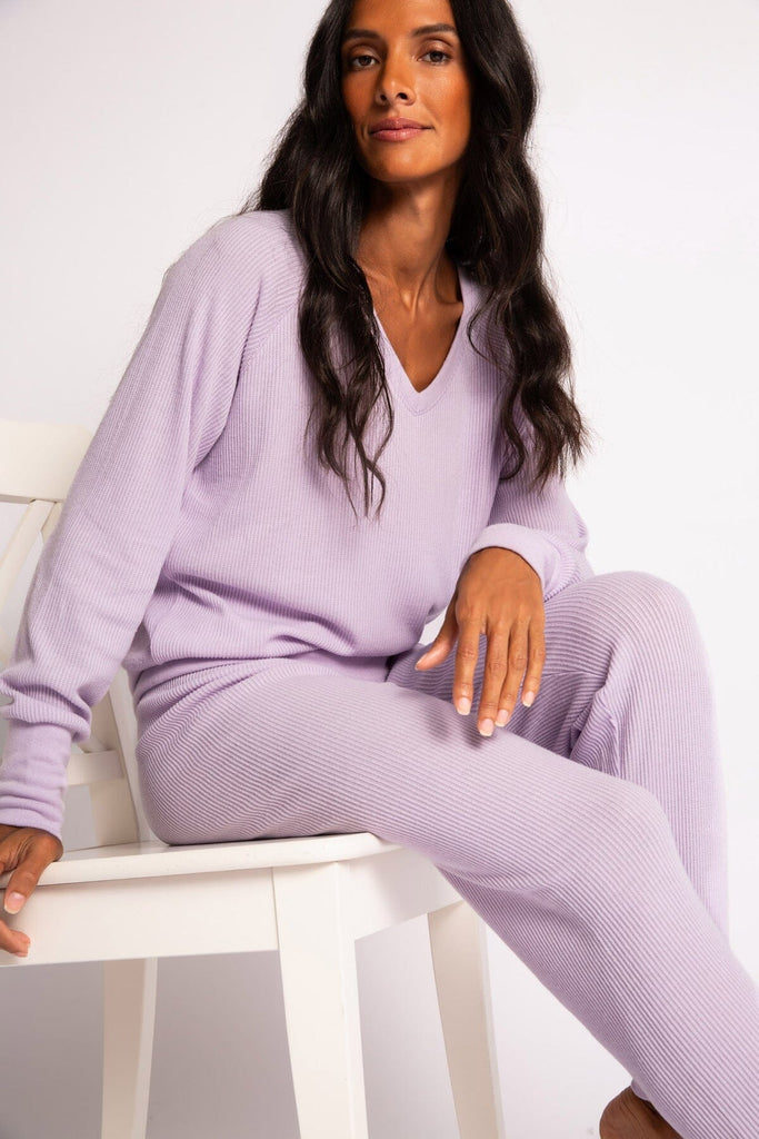 PJ Salvage Textured Essentials Long Sleeve V Neck Top- Gentle Lavender - Styleartist