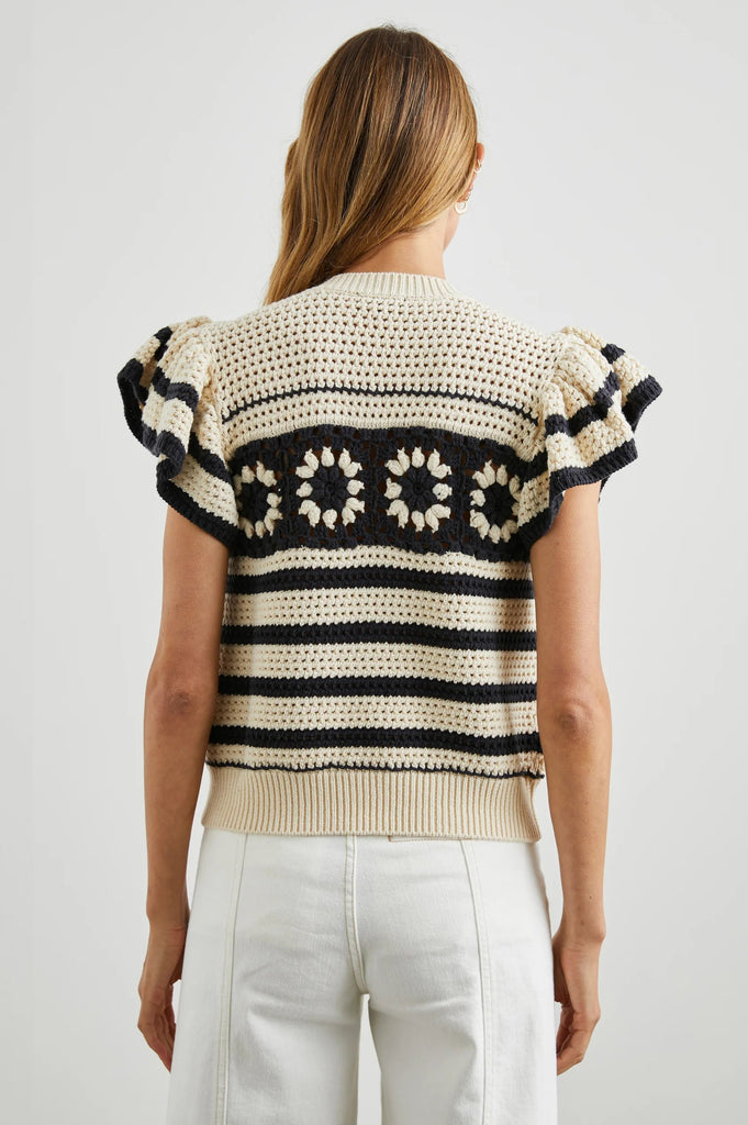 Rails Penelope Ruffle Sleeve Crochet Sweater- Oat Navy - Styleartist