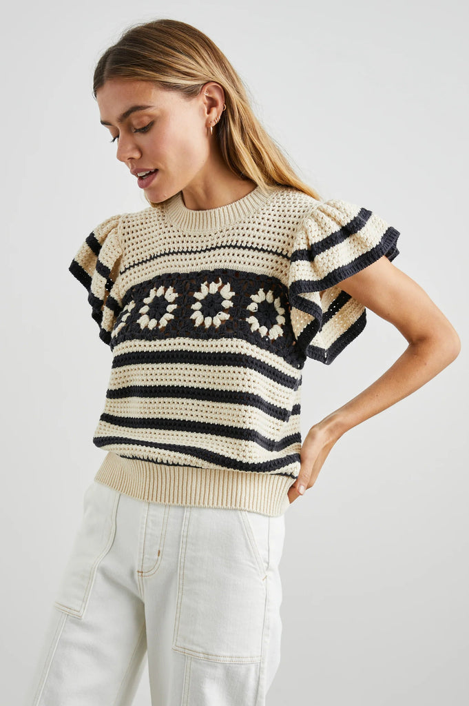 Rails Penelope Ruffle Sleeve Crochet Sweater- Oat Navy - Styleartist