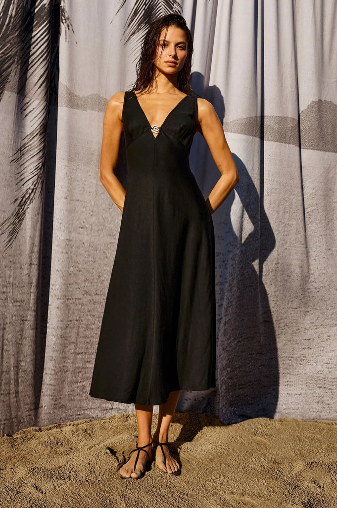 Rails X LSpace Avila Linen V Neck Dress- Black - Styleartist