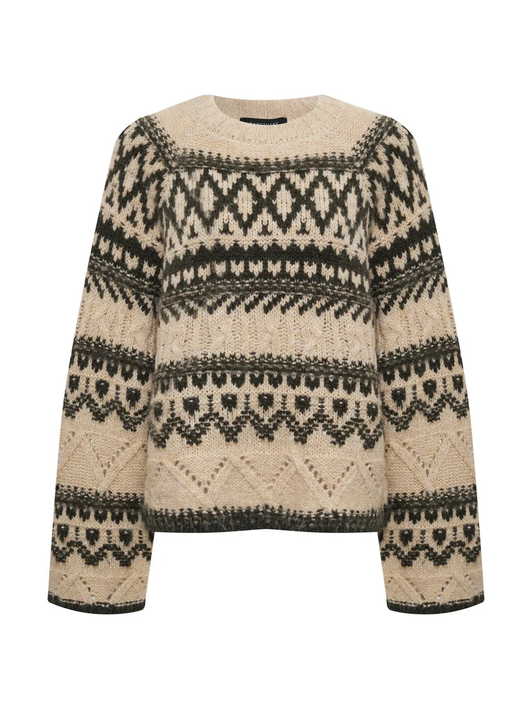Sanctuary Fair Isle Crew Neck Sweater- Light Oat Multi - Styleartist