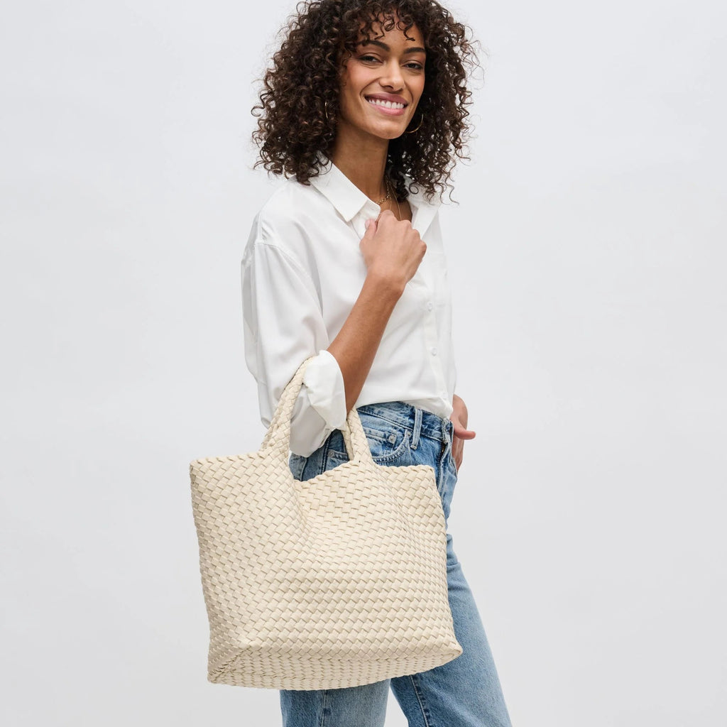 Sol And Selene Sky's The Limit Medium Woven Tote- Cream - Styleartist