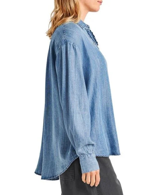 Splendid Lia Ruffle Button Up Chambray Shirt - Indigo - Styleartist