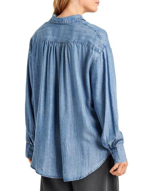 Splendid Lia Ruffle Button Up Chambray Shirt - Indigo - Styleartist