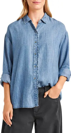 Splendid Lia Ruffle Button Up Chambray Shirt - Indigo - Styleartist