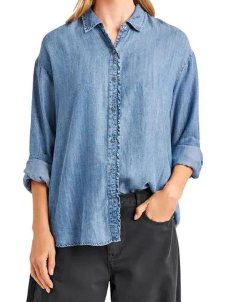 Splendid Lia Ruffle Button Up Chambray Shirt - Indigo - Styleartist