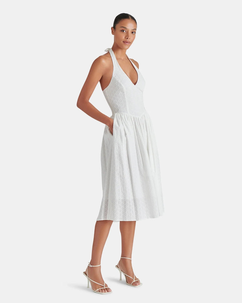 Steve Madden Ressi Eyelet Embroidered Cotton Halter Dress- White - Styleartist