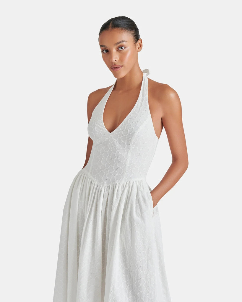Steve Madden Ressi Eyelet Embroidered Cotton Halter Dress- White - Styleartist