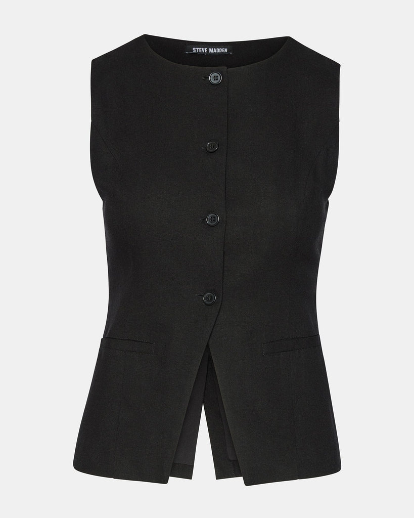 Steve Madden Wesley Linen Blend Button-Up Vest- Black - Styleartist